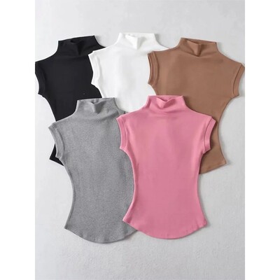 Half high neck solid color short sleeved top半高领短袖上衣女