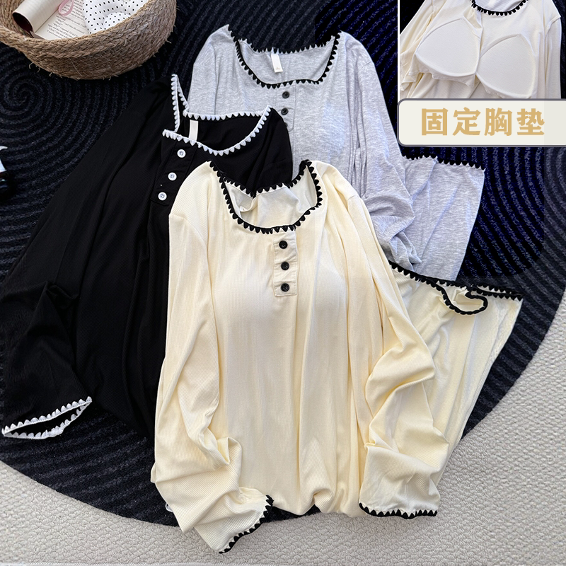 春秋莫代尔带胸垫过膝长袖家居裙