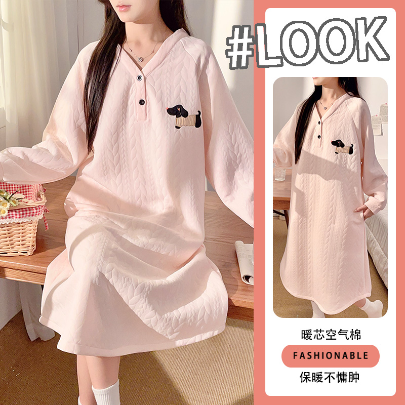 女士秋冬款中长款韩版睡裙空气棉