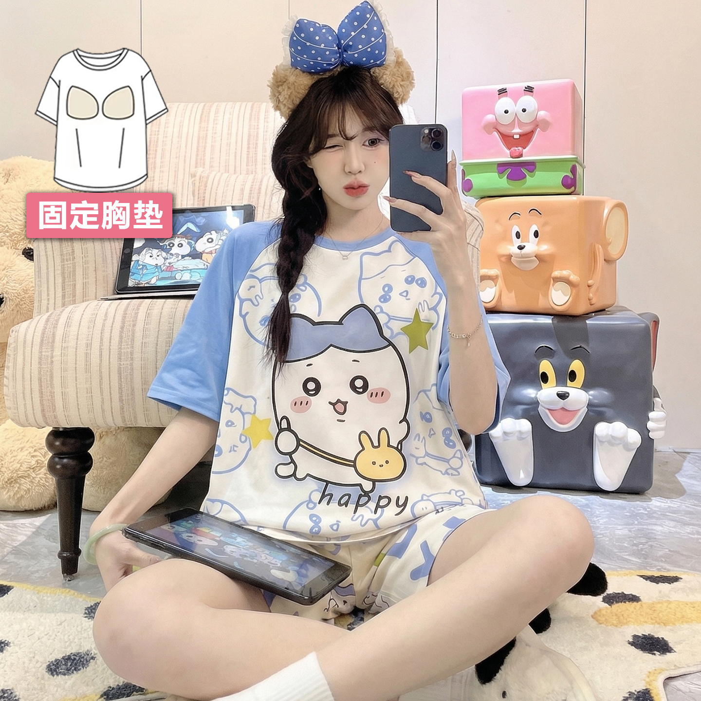2026新款女士睡衣女款短袖短裤带胸垫夏季卡通可爱大码家居服套装