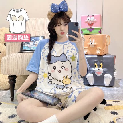 2026新款女士睡衣女款短袖短裤带胸垫夏季卡通可爱大码家居服套装