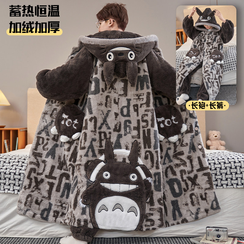 男士秋冬季珊瑚绒大码200斤连帽睡袍卡通套装加绒加厚家居服睡衣