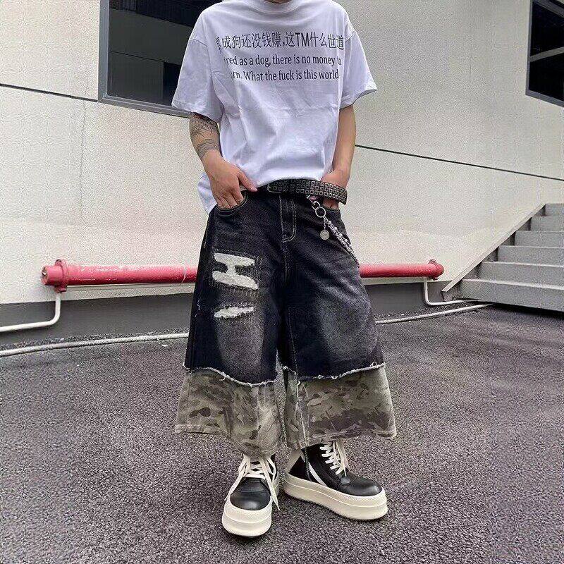 设计感复古手缝迷彩拼接牛仔短裤