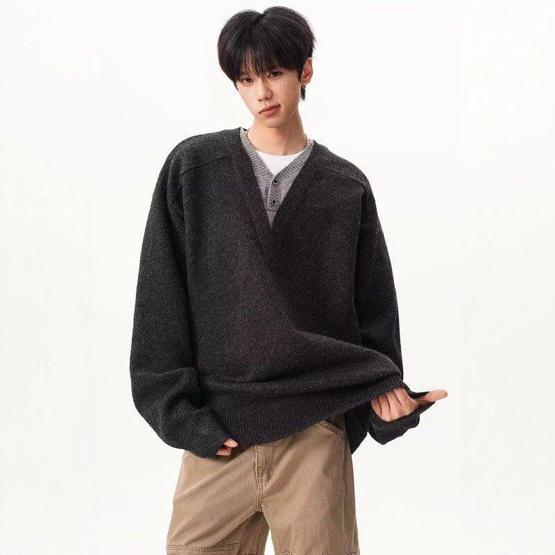 假两件v领重磅加厚毛衣男秋冬潮牌宽松慵懒风休闲内搭针织衫上衣