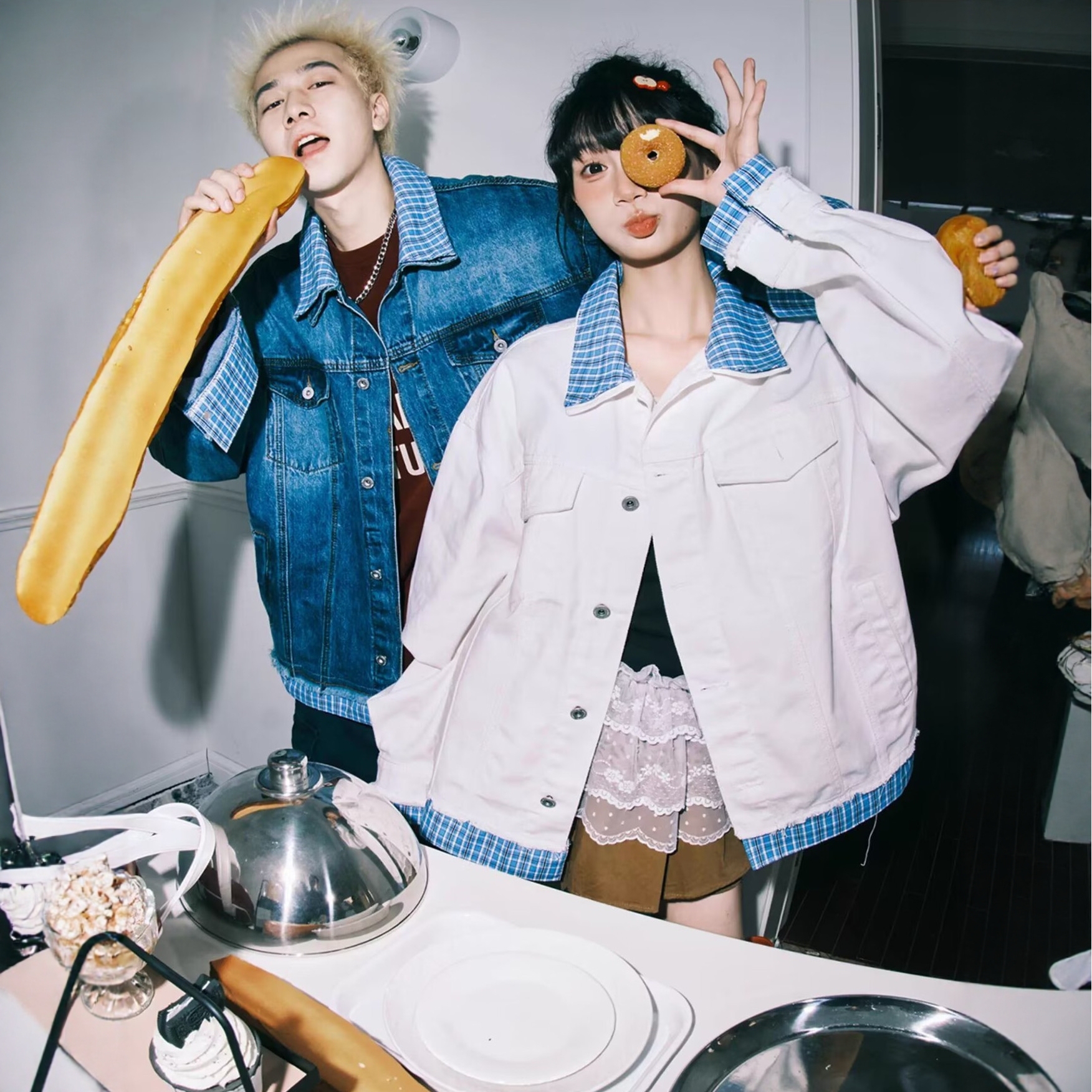 美式复古格子拼接假两件牛仔外套