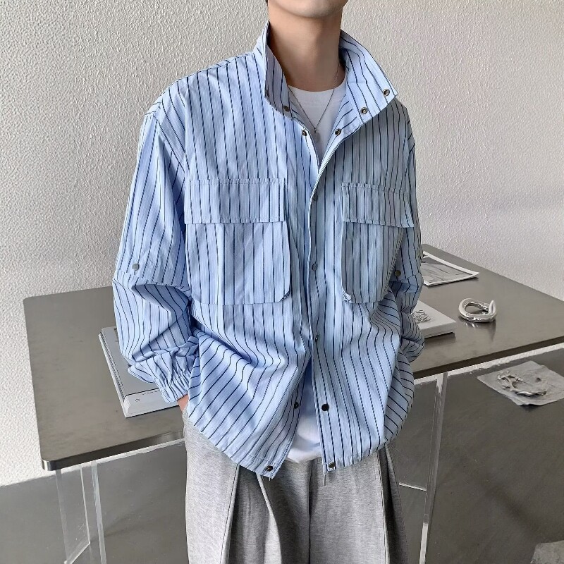 设计感可拆卸袖子条纹衬衫男生