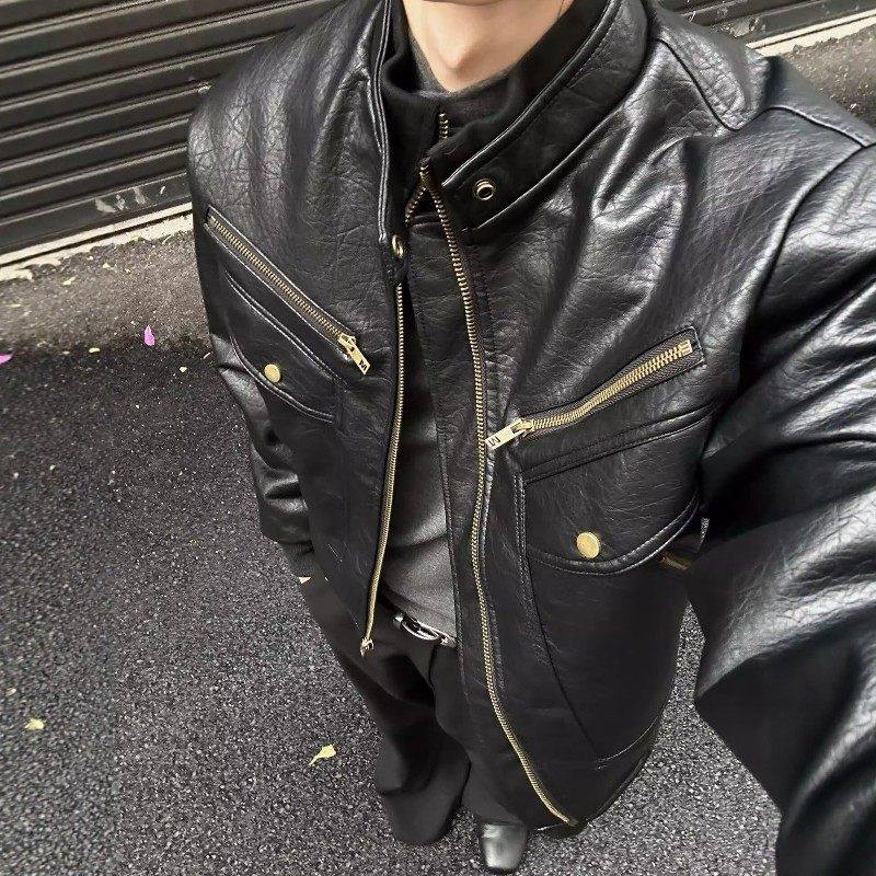 美式黑色短款廓形皮衣夹克男高级感宽松潮牌飞行员春季外套机车服