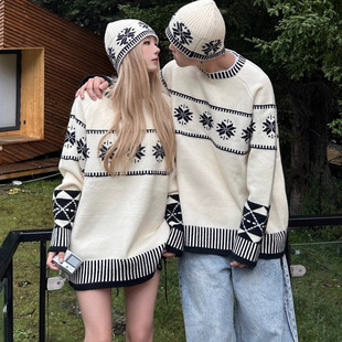 费尔岛提花圆领毛衣情侣装针织衫男女冬季高级感慵懒风打底衫外套