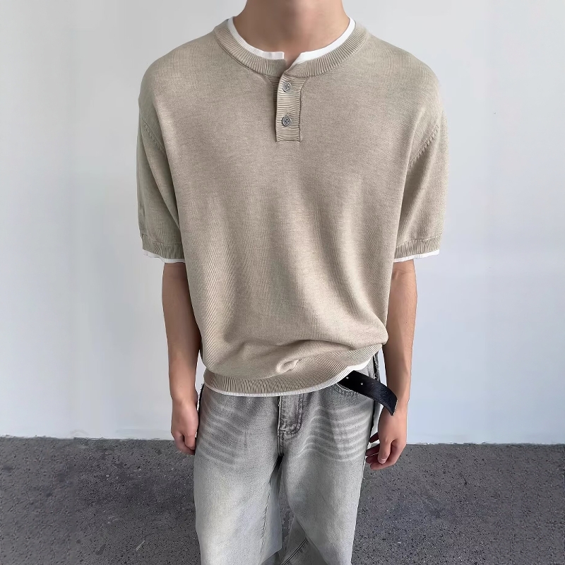 老钱风针织纯色钮扣短袖上衣男夏季高级感亨利领假两件设计Polo衫