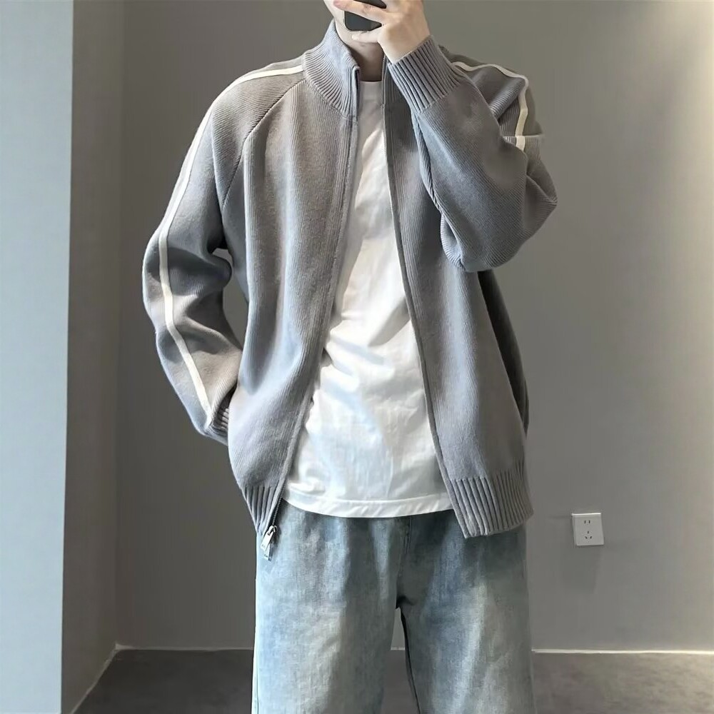 冬季纯色立领拉链毛衣外套男款简约修身百搭通勤潮流长袖针织开衫