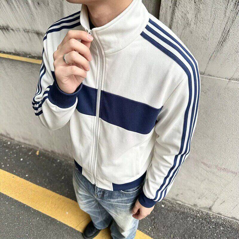 美式复古蓝白拼接立领夹克男款