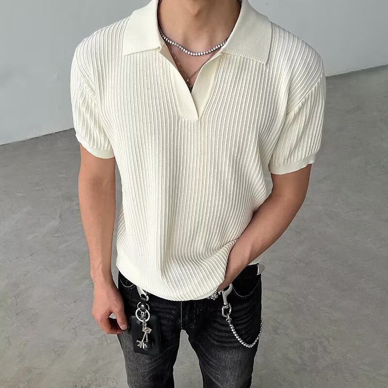 灰色坑条v领polo衫短袖男款夏季老钱风针织t恤cleanfit正肩半袖