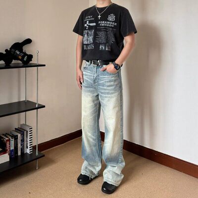 做旧水洗猫须磨白牛仔裤男