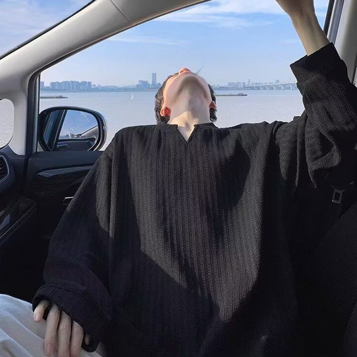 黑白撞色鱼骨纹长袖T恤男款秋季高级感小香风卫衣重磅套头打底衫