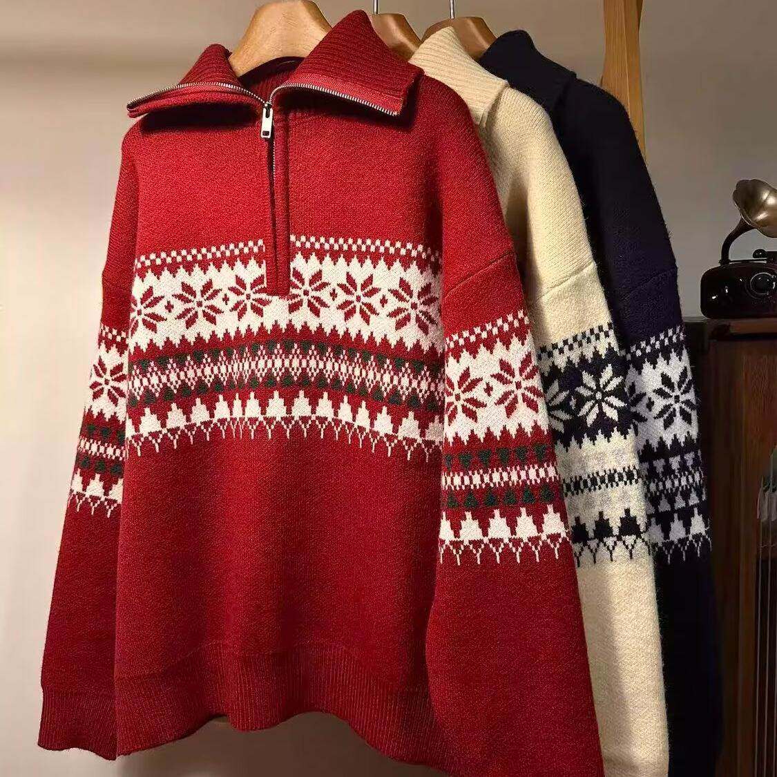 美式复古费尔岛提花半拉链高领针织衫男本命年红色宽松慵懒风毛衣