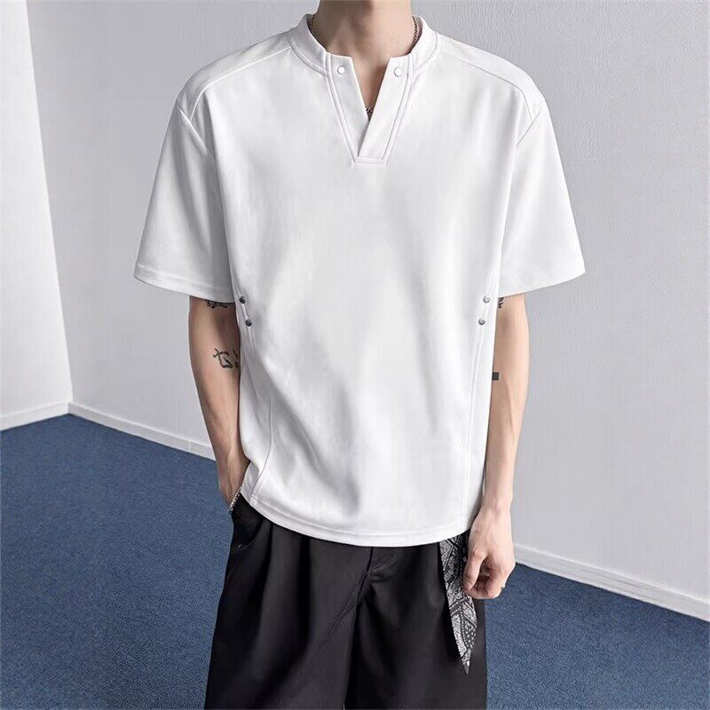 美式解构铆钉V领正肩t恤男夏季