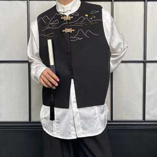 2024年新款新中式男装山海刺绣马甲男中国风金属盘扣背心国潮复古