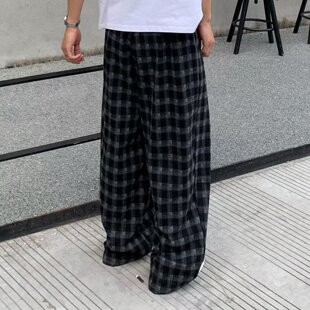 美式复古磨毛格子卫裤男秋季宽松显瘦裤子高级感垂坠感直筒休闲裤