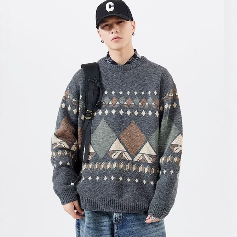 高级感针织毛衣男秋冬复古民族风加肥加大线衣外套加厚保暖打底衫
