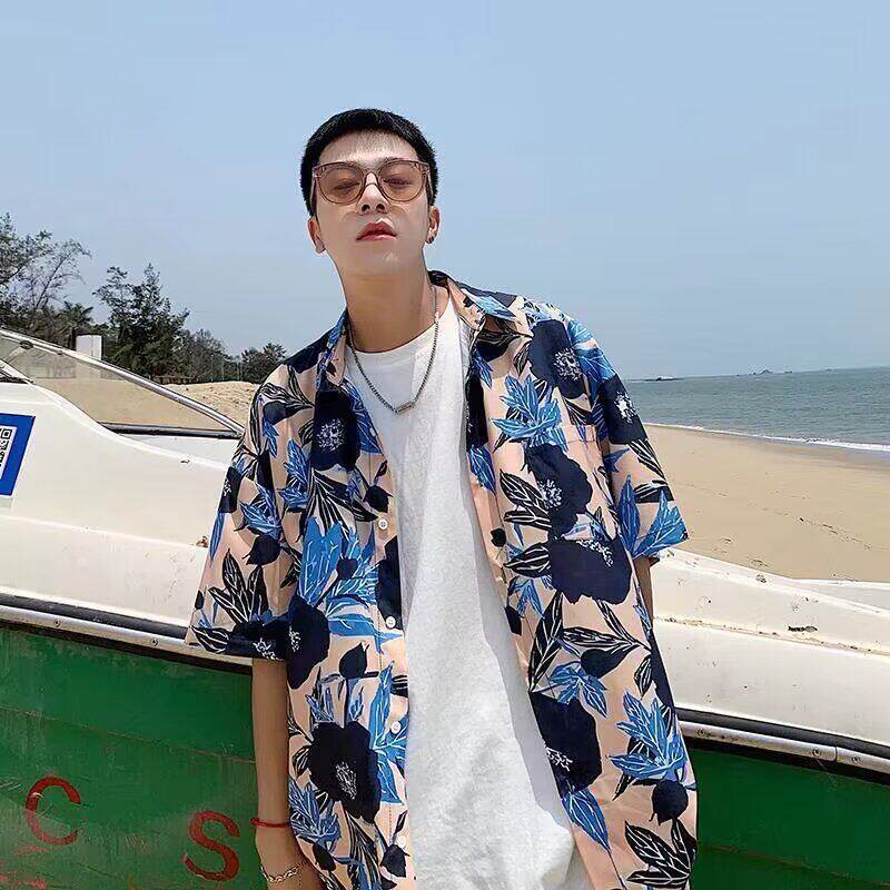 蓝色热带印花沙滩衬衫男士夏季