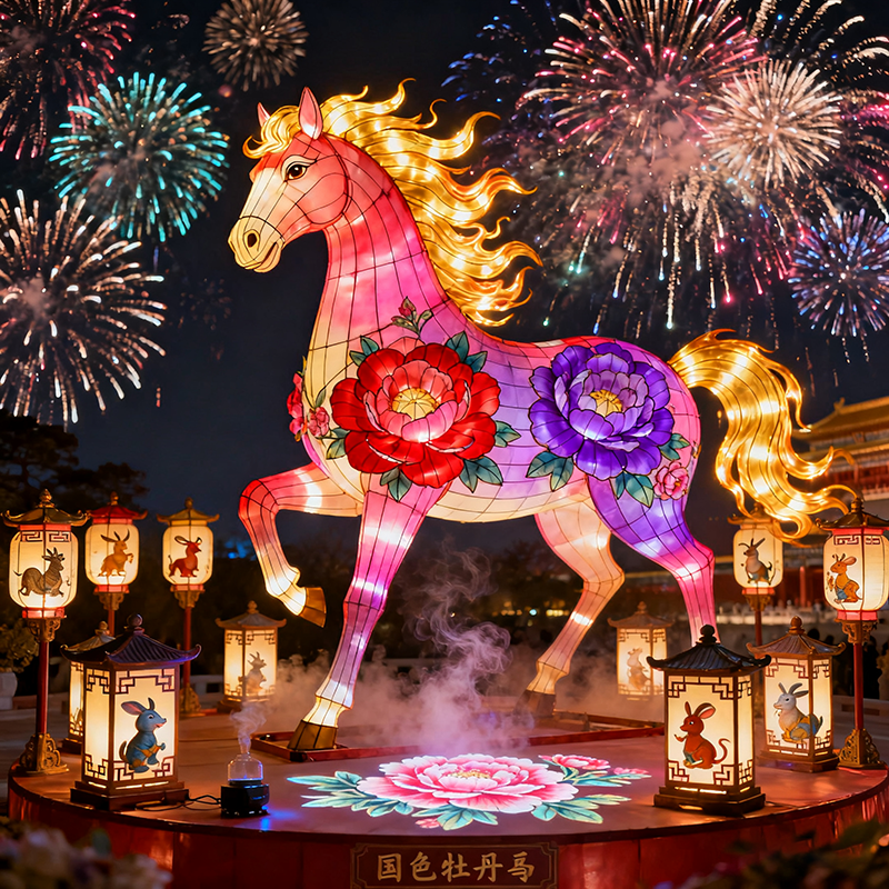 大型马年花灯春节元宵节装饰彩灯国色牡丹造型节庆灯笼