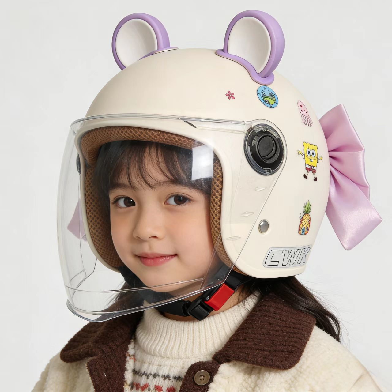 儿童电动车头盔卡通可爱半盔透明大镜片防风保暖