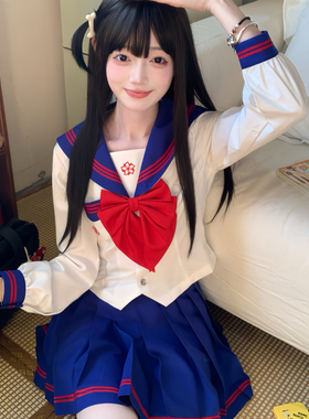 【月下】原创jk制服水手服正版日系学院风收腰蓝色中间服可爱套装