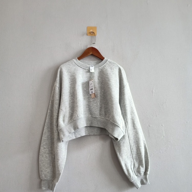 外贸春秋新款女装 欧美休闲拉绒圆领宽松长袖短款卫衣 女高腰卫衣