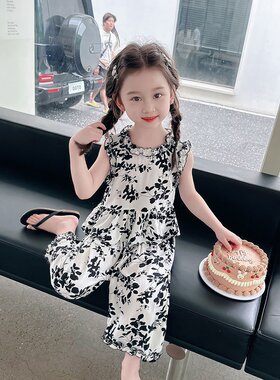 0-13岁女童背心九分裤两件套儿童宝宝夏装外出套装小孩棉绸家居服