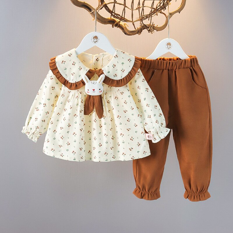 0-7岁湘雪女童洋气秋装碎花两件套女宝宝卡通套装婴儿秋天外出服