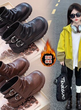 软底真软皮女童靴子2025秋冬新款中大童洋气女宝加绒公主短靴百搭