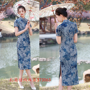 老上海复古民族风扎染植绒长款双层旗袍2025夏季新款矮个子旗袍裙