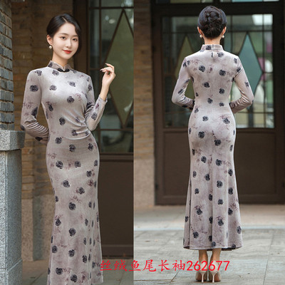 现代时尚改良新中式长款丝绒旗袍