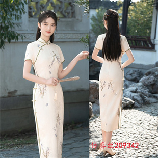 复古国风素色旗袍25春夏新款时尚改良新中式长款短袖年轻款旗袍