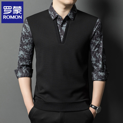 罗蒙春秋季新款假两件印花T恤男