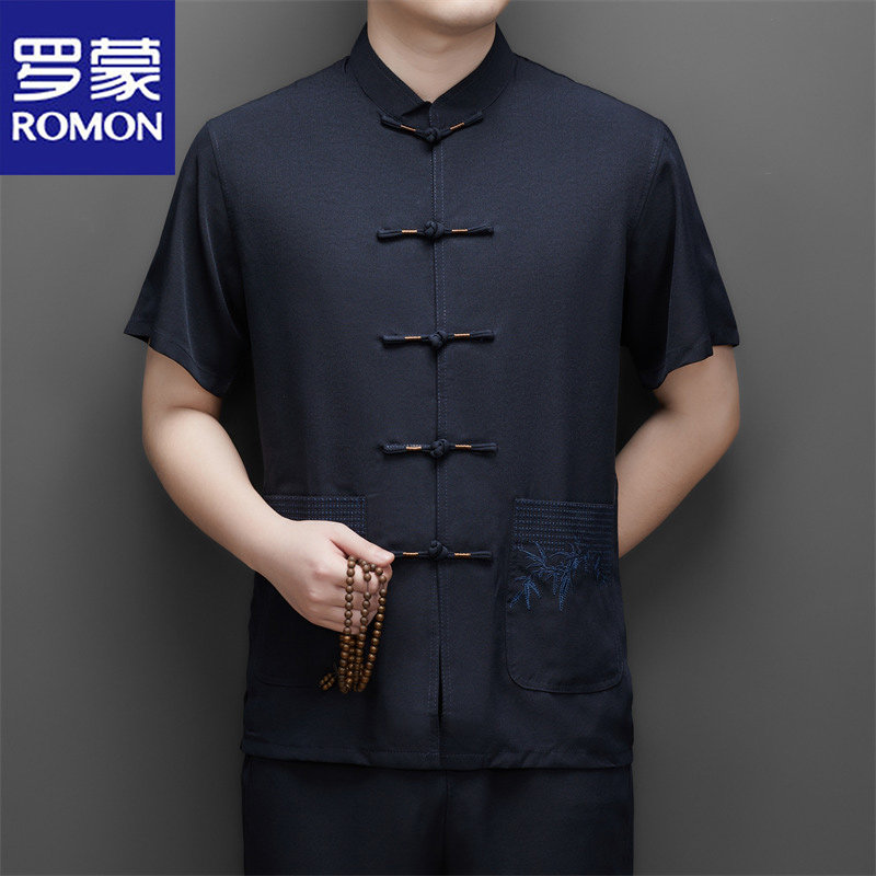 罗蒙夏季新款中国风唐装套装男士短袖t恤宽松休闲薄款口袋衬衫男