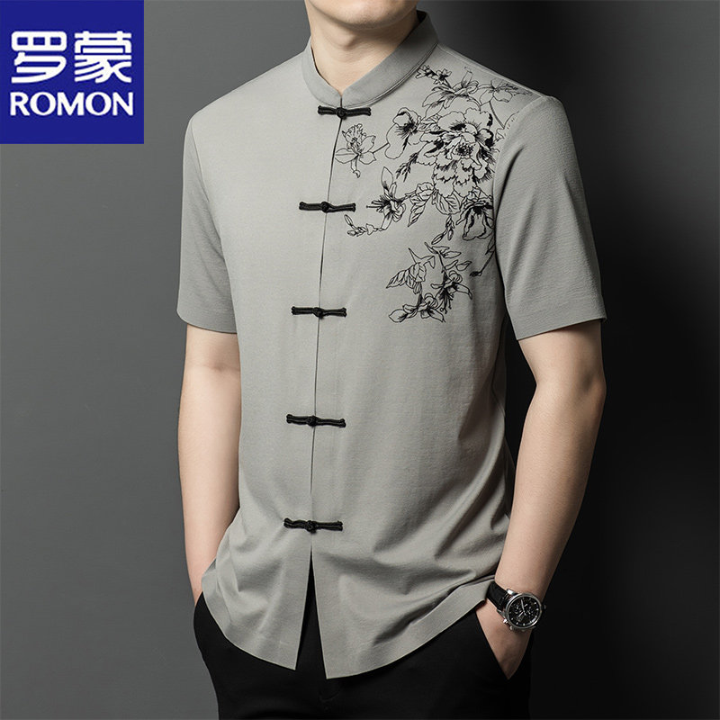 罗蒙夏季新款中式唐装短袖衬衫男士休闲刺绣宽松免烫百搭国风衬衣