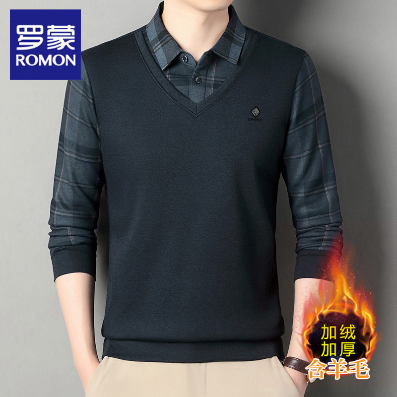 罗蒙加绒保暖格子假两件POLO衫男长袖2024秋冬季新款商务休闲体恤