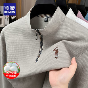 刺绣华夫格商务休闲上衣 t恤男士 罗蒙春秋新款 纯棉立领半拉链长袖