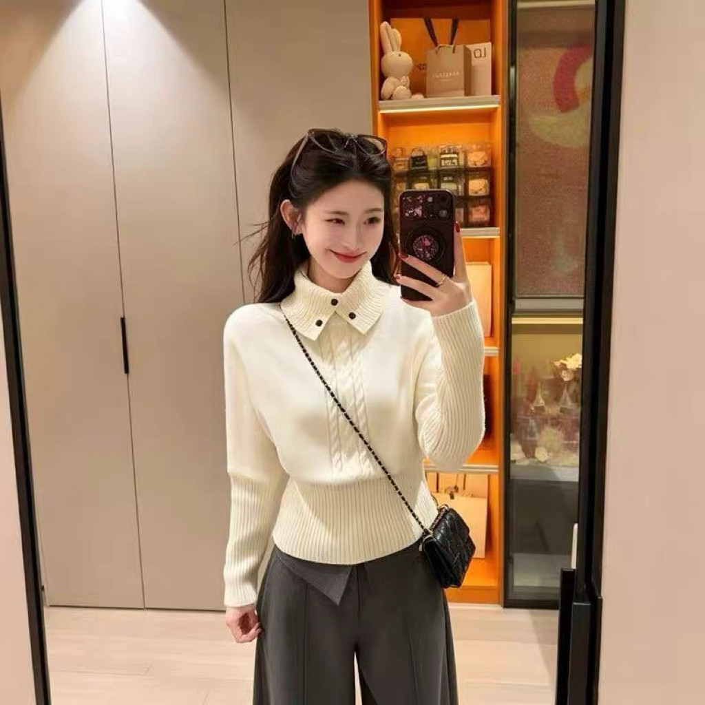 秋冬翻领高级感辣妈外出哺乳针织衫显瘦百搭麻花产后喂奶打底上衣
