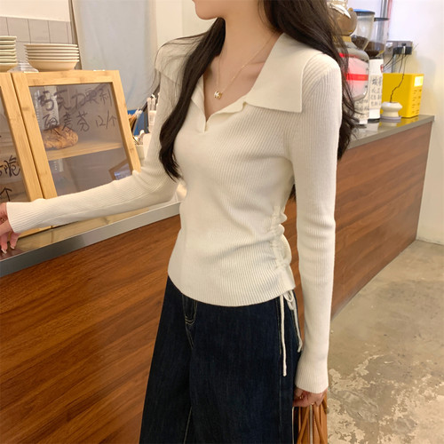 秋冬抽绳polo领辣妈外出哺乳毛衣修身显瘦内搭针织衫产后喂奶上衣
