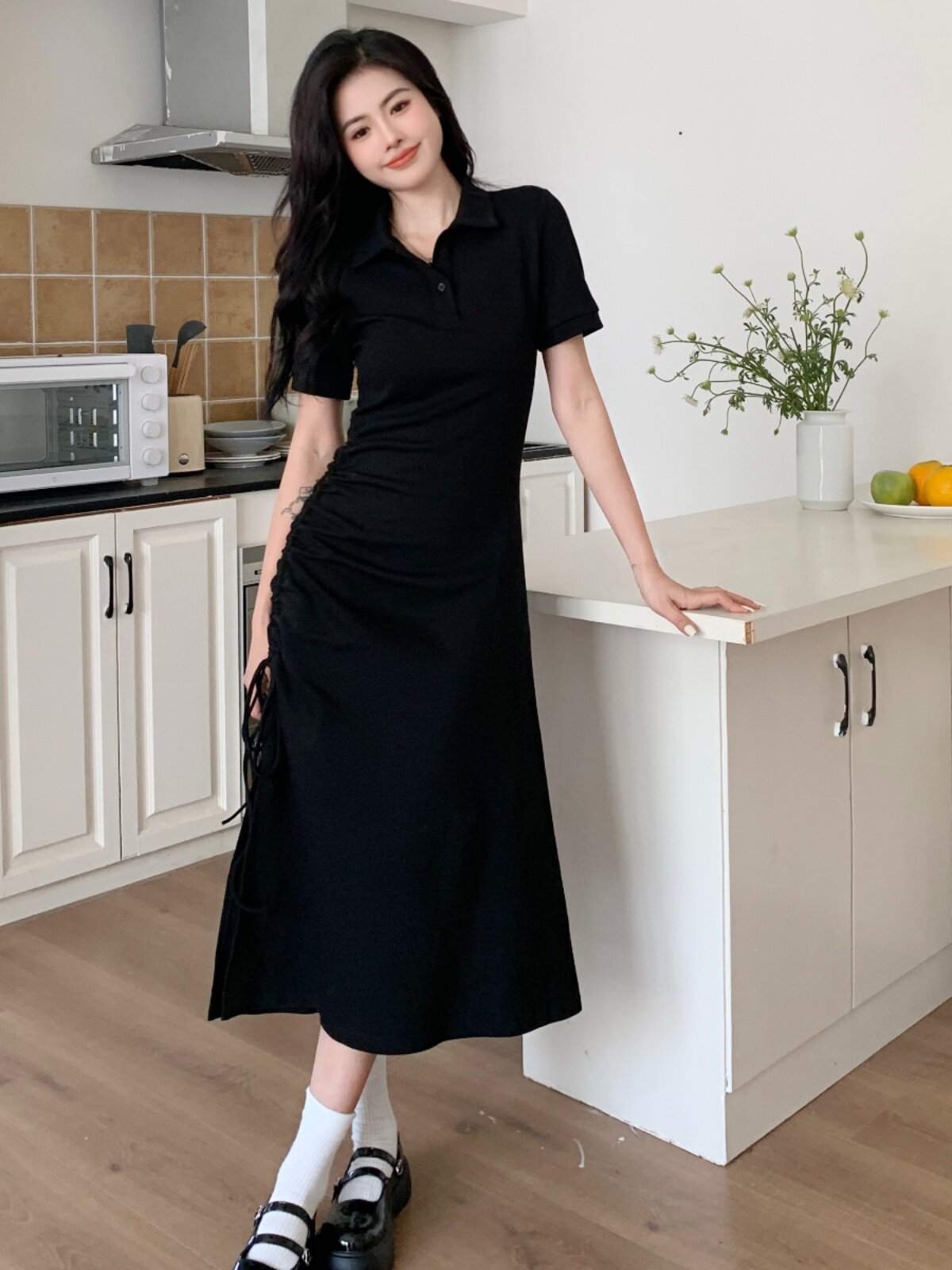 외출시 수유맘을 위한 블랙 폴로원피스 조임끈 허리 슬릿 여름 플러스 사이즈 산후 모유수유 롱원피스