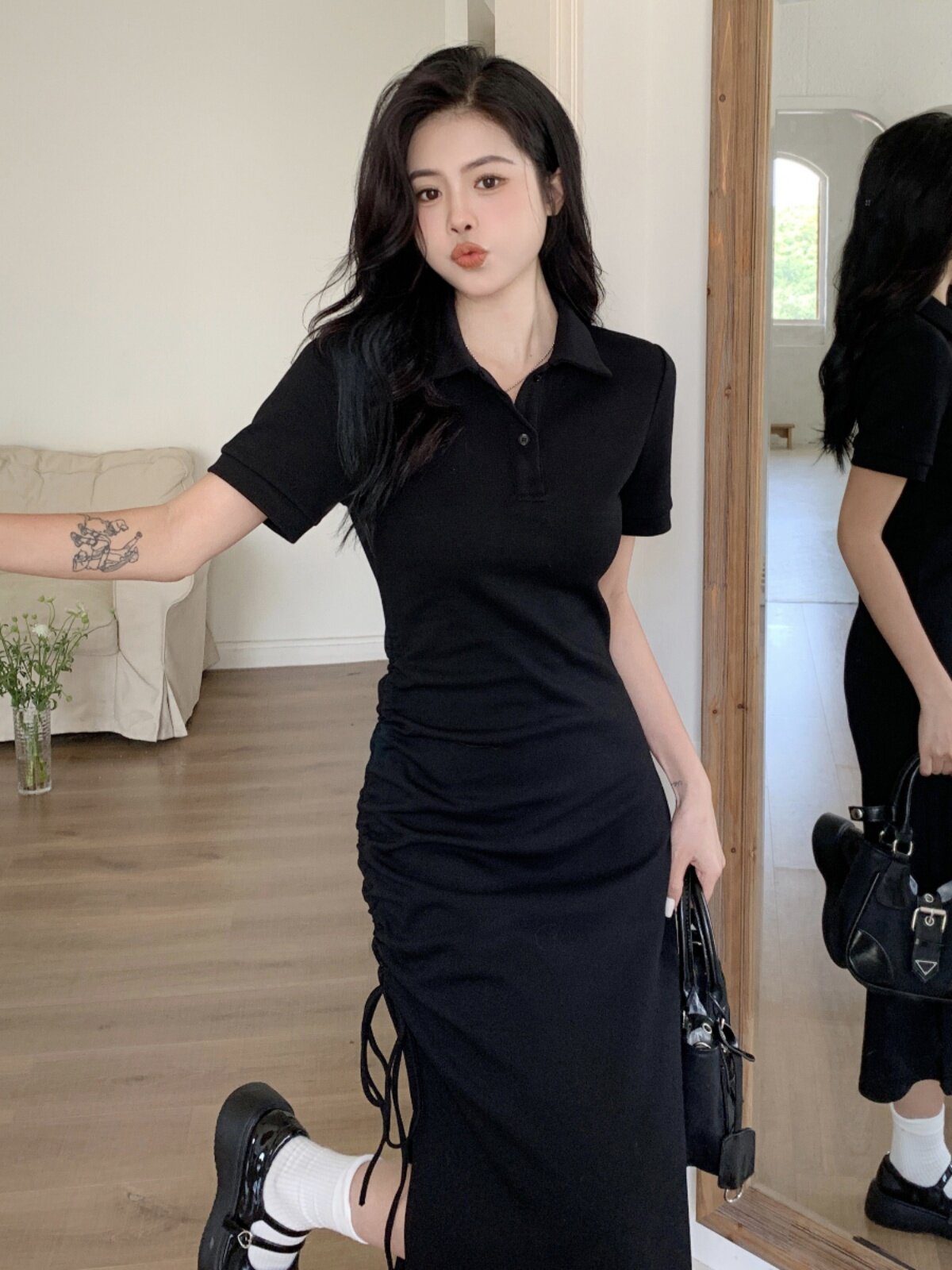 외출시 수유맘을 위한 블랙 폴로원피스 조임끈 허리 슬릿 여름 플러스 사이즈 산후 모유수유 롱원피스