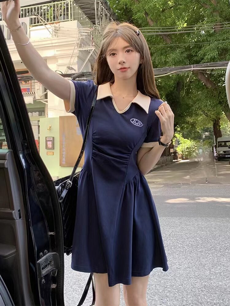 반팔 폴로 칼라 핫맘 외출 모유 수유 드레스 여름 허리를 감싸는 A 라인 슬리밍 배 덮는 산후 모유 수유 드레스