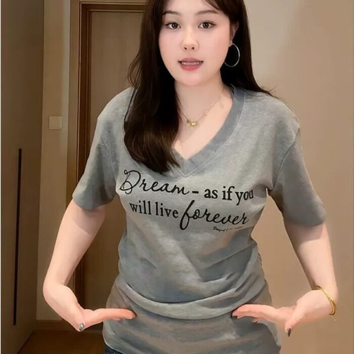 夏季大码V领哺乳显瘦印花T恤