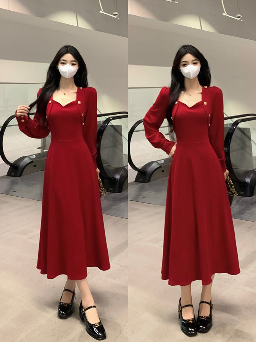 뜨거운 엄마 스타일 외출 모유 수유 드레스 봄과 가을 피팅 복고풍 기질 허리 슬리밍 산후 모유 수유 니트 스커트