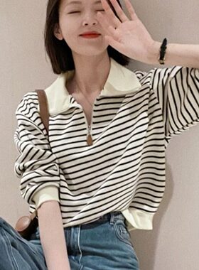 辣妈款外出哺乳条纹polo领长袖卫衣春装大码宽松显瘦产后喂奶上衣