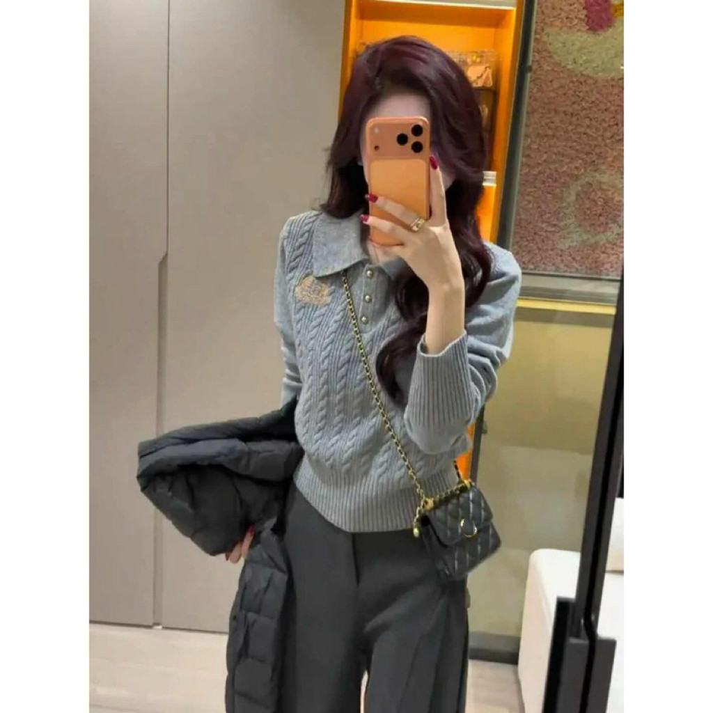 秋冬学院风辣妈外出哺乳针织上衣polo领麻花刺绣产后喂奶打底毛衣