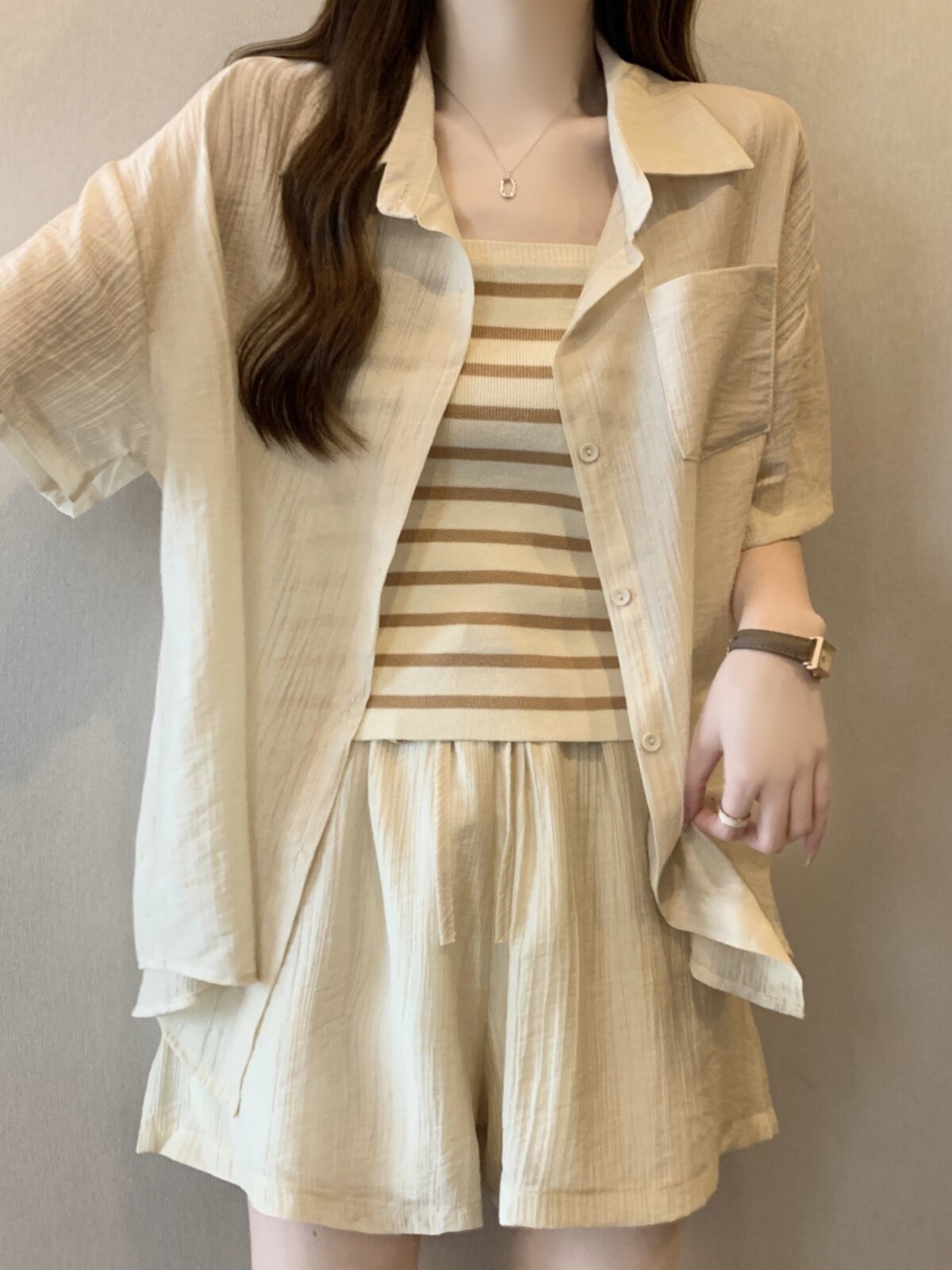 여름 더위 엄마스타일 나들이 수유복 셔츠 상의반바지 밑단 스트라이프 슬링 산후수유 3종세트