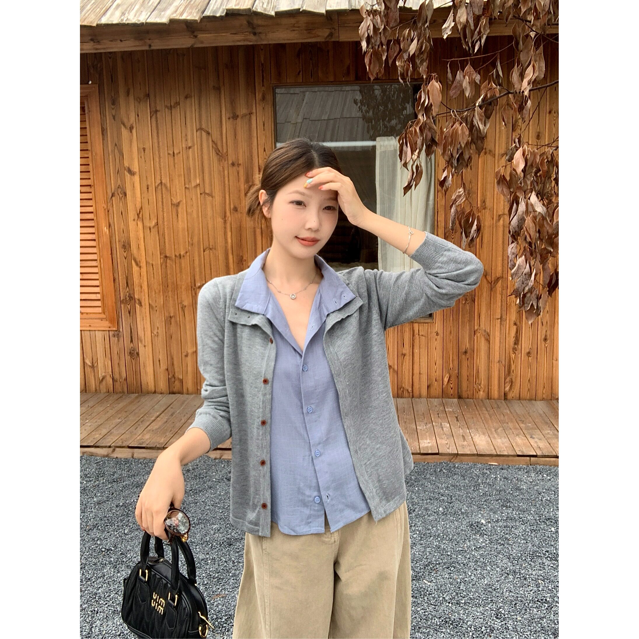老钱风亚麻假两件哺乳针织开衫